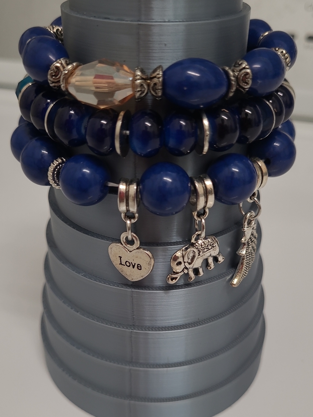 Blue Beaded Charm Bracelet Stack with Elephant & Love Charms